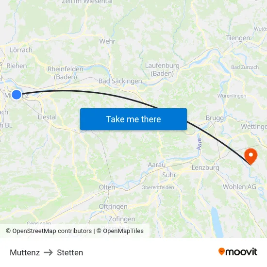 Muttenz to Stetten map