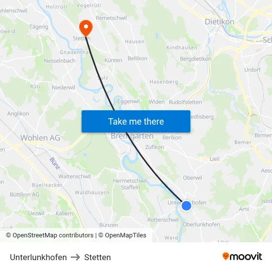 Unterlunkhofen to Stetten map