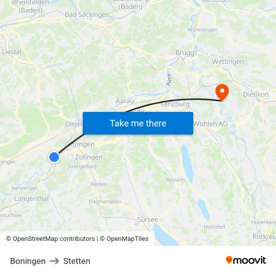 Boningen to Stetten map