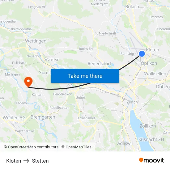 Kloten to Stetten map
