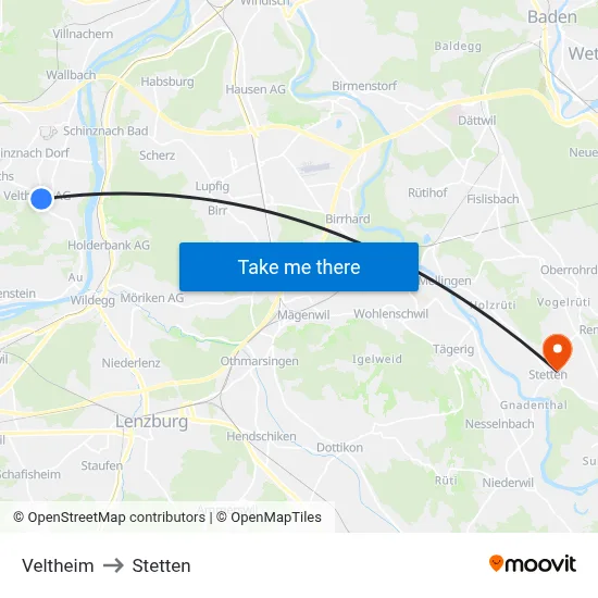 Veltheim to Stetten map