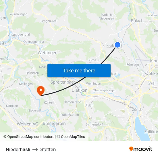 Niederhasli to Stetten map