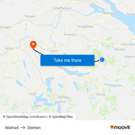 Wattwil to Stetten map