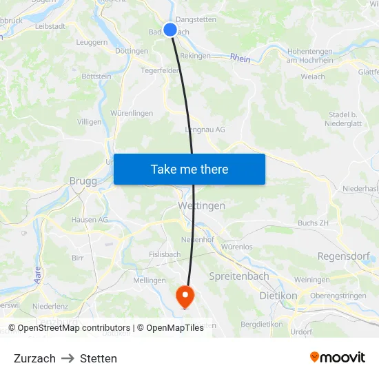 Zurzach to Stetten map