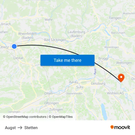 Augst to Stetten map