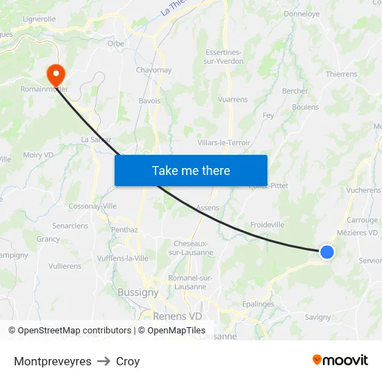 Montpreveyres to Croy map