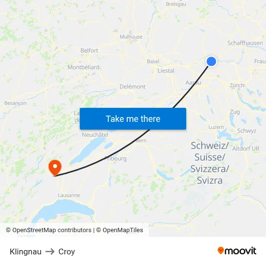 Klingnau to Croy map