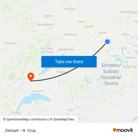 Zetzwil to Croy map