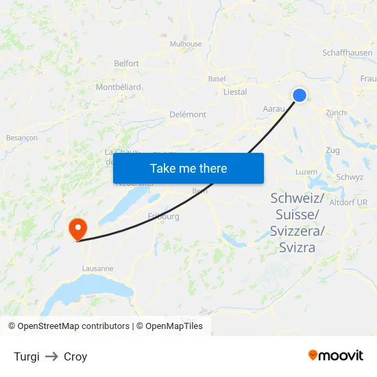 Turgi to Croy map