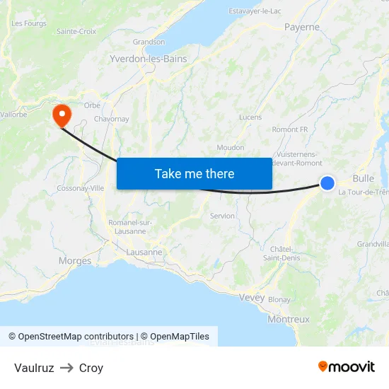 Vaulruz to Croy map