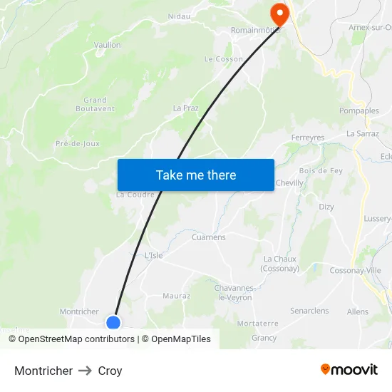Montricher to Croy map