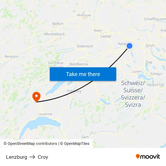 Lenzburg to Croy map
