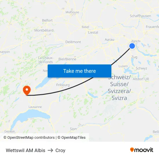Wettswil AM Albis to Croy map