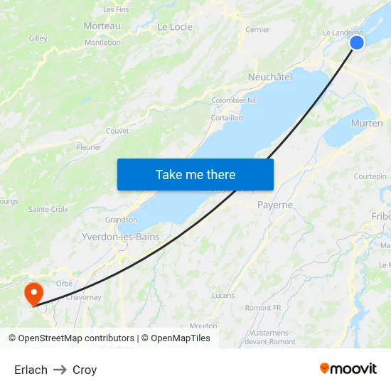 Erlach to Croy map