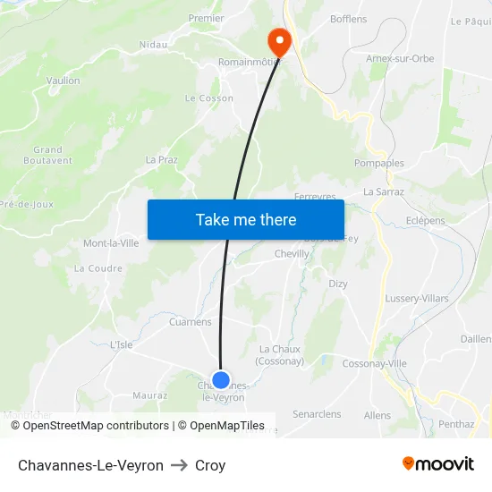 Chavannes-Le-Veyron to Croy map