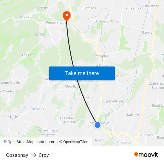 Cossonay to Croy map