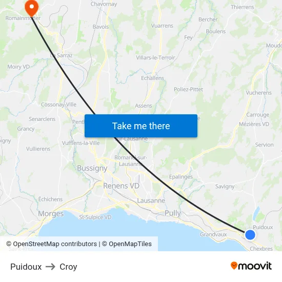 Puidoux to Croy map