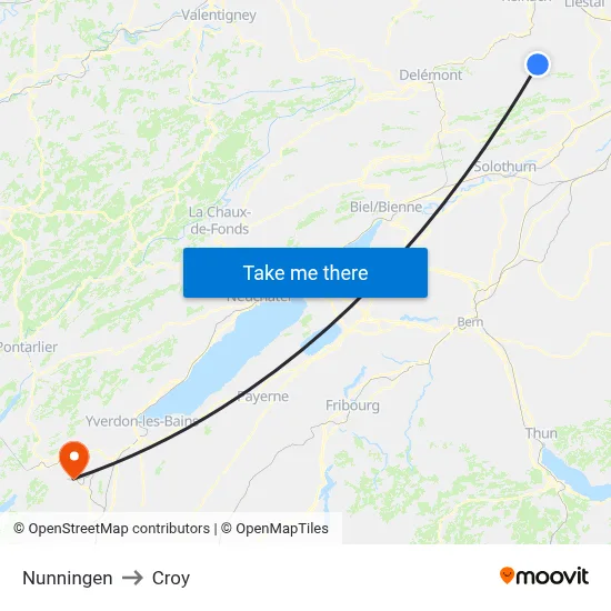 Nunningen to Croy map
