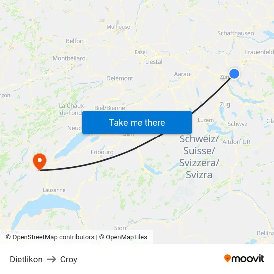 Dietlikon to Croy map