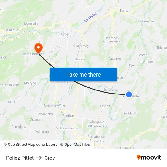 Poliez-Pittet to Croy map