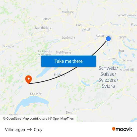 Villmergen to Croy map