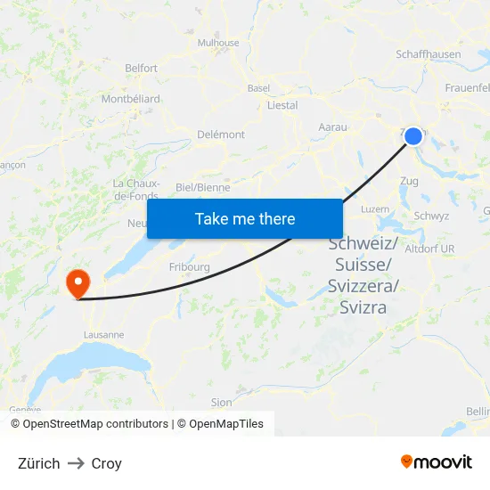 Zürich to Croy map