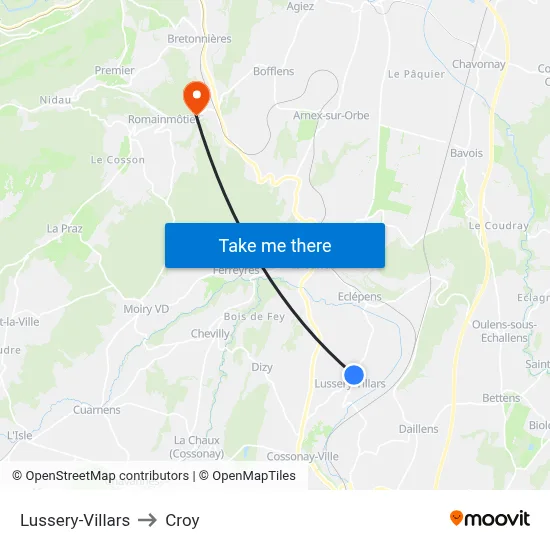 Lussery-Villars to Croy map