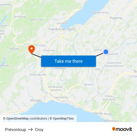 Prévonloup to Croy map