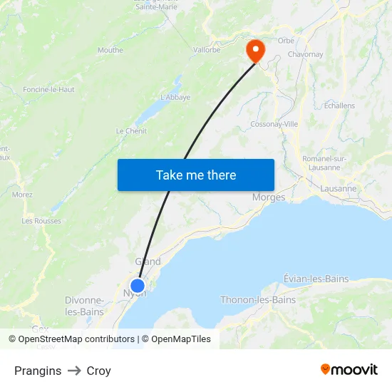 Prangins to Croy map