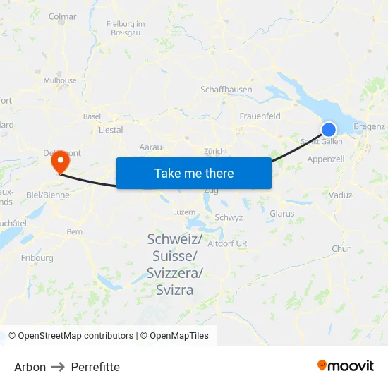 Arbon to Perrefitte map