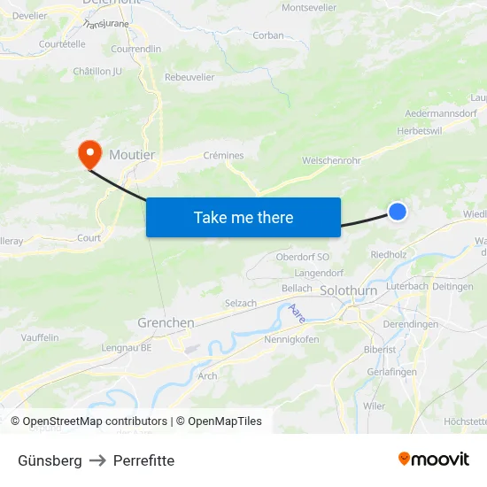 Günsberg to Perrefitte map