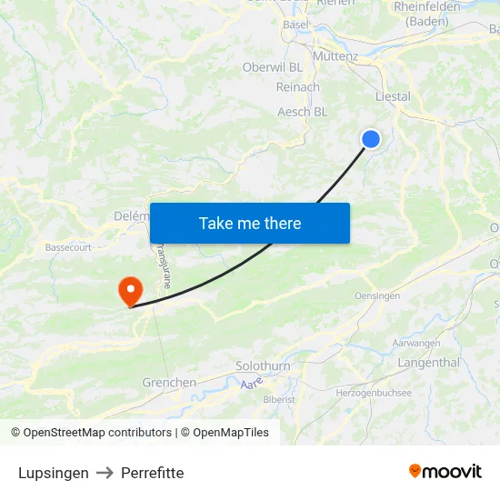 Lupsingen to Perrefitte map