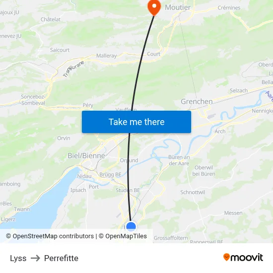 Lyss to Perrefitte map