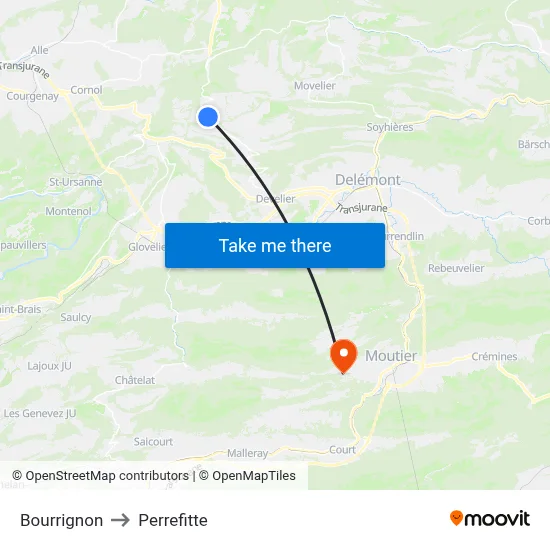 Bourrignon to Perrefitte map