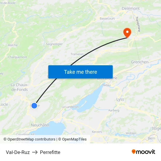 Val-De-Ruz to Perrefitte map