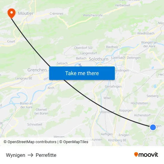 Wynigen to Perrefitte map