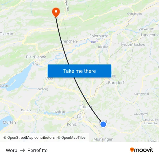 Worb to Perrefitte map