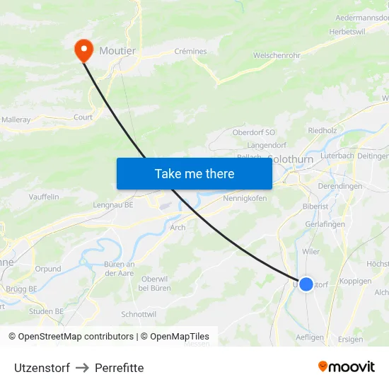 Utzenstorf to Perrefitte map