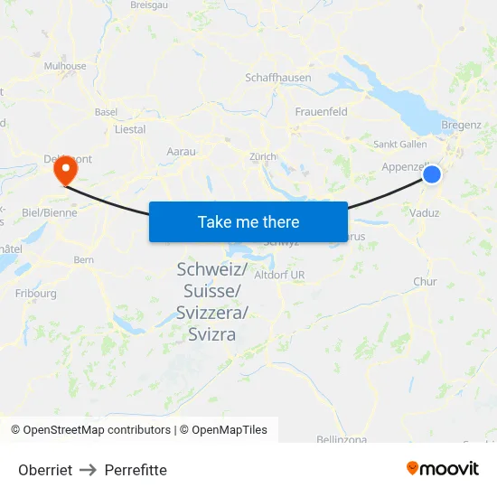 Oberriet to Perrefitte map