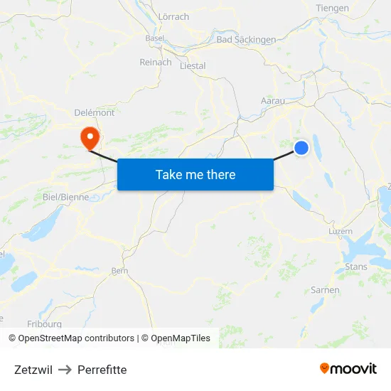 Zetzwil to Perrefitte map