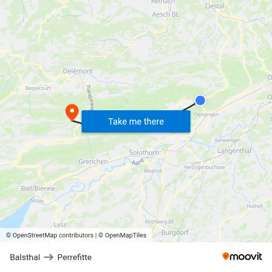 Balsthal to Perrefitte map