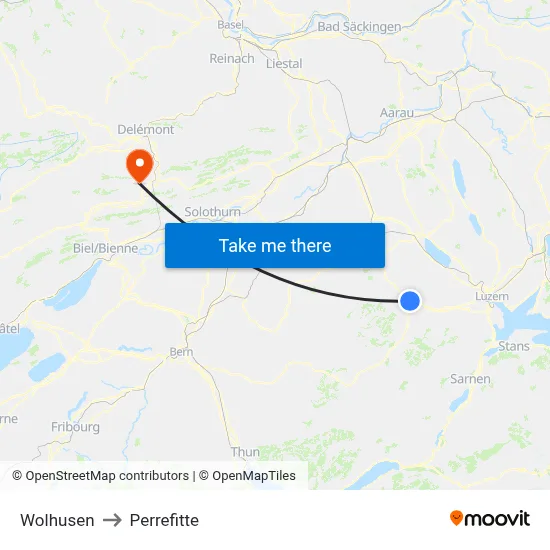 Wolhusen to Perrefitte map