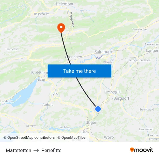 Mattstetten to Perrefitte map