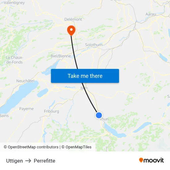 Uttigen to Perrefitte map
