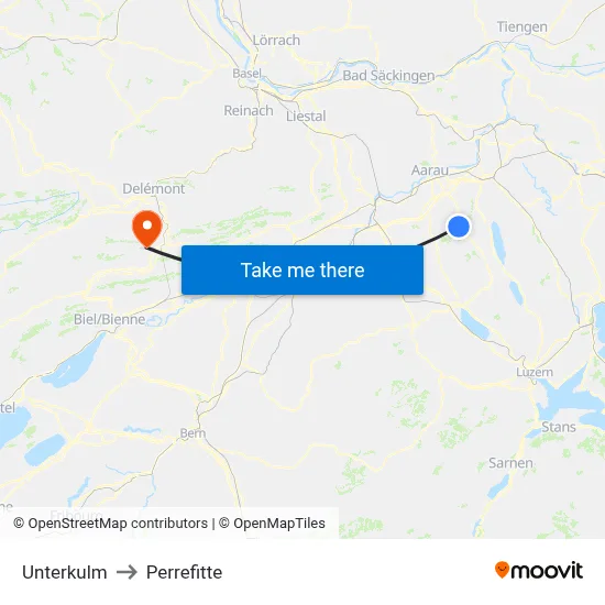 Unterkulm to Perrefitte map