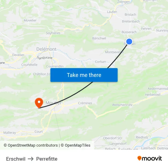 Erschwil to Perrefitte map