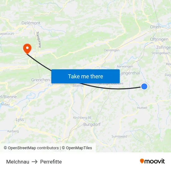 Melchnau to Perrefitte map