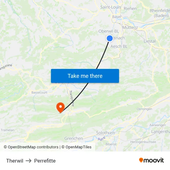 Therwil to Perrefitte map