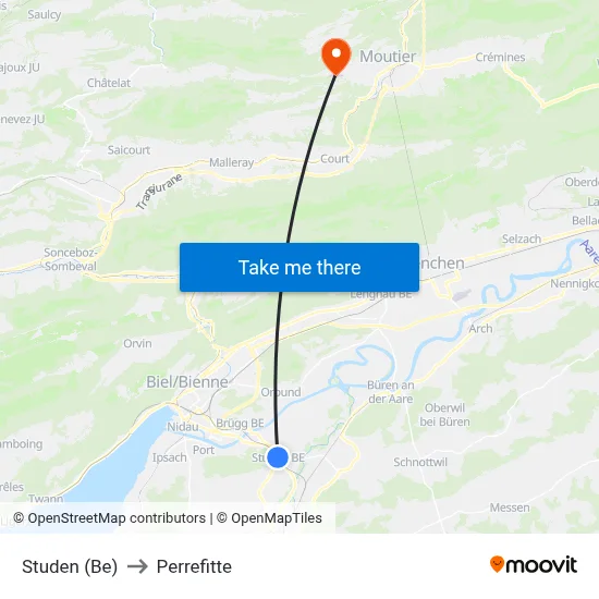 Studen (Be) to Perrefitte map