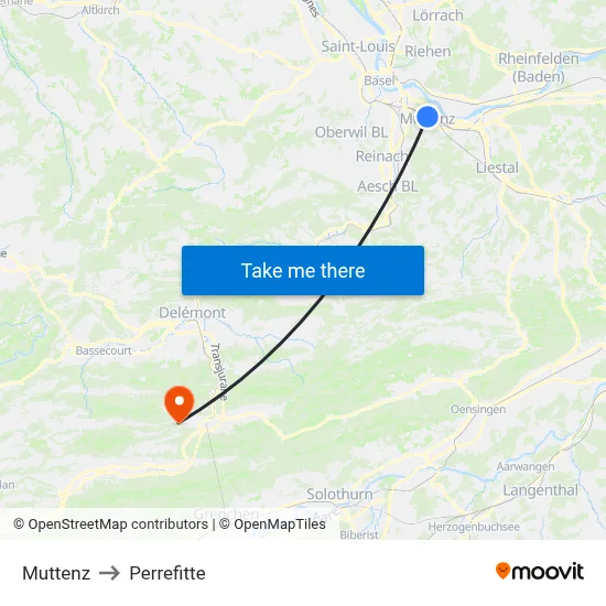 Muttenz to Perrefitte map